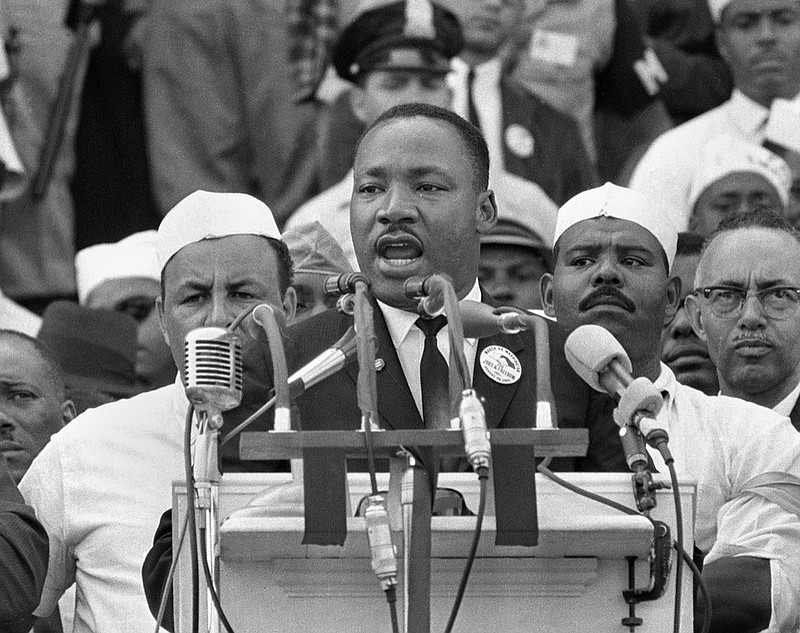 FILE - In this Aug. 28, 1963, file photo, Dr. Martin Luther King Jr. addresses marchers during his "I Have a Dream" speech at the Lincoln Memorial in Washington. The U.S. economy "has never worked fairly for Black Americans — or, really, for any American of color," Treasury Secretary Janet Yellen said in a speech delivered Monday, Jan. 17, 2022 one of many by national leaders acknowledging unmet needs for racial equality on Martin Luther King Day. (AP Photo, File)