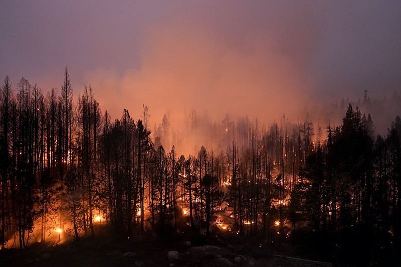 FILE - Trees scorched by the Caldor Fire smolder in the Eldorado National Forest, Calif., Friday, Sept. 3, 2021. The Biden administration wants to thin more forests and use prescribed burns to reduce catastrophic wildfires as climate changes makes blazes more intense. (AP Photo/Jae C. Hong, File)