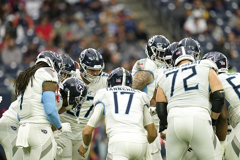 AP photo by Matt Patterson / Tennessee Titans quarterback Ryan Tannehill (17) calls a play in the huddle during the regular-season finale against the Houston Texans on Jan. 9, when he helped the team to a road win that clinched the AFC's No. 1 seed for the playoffs.