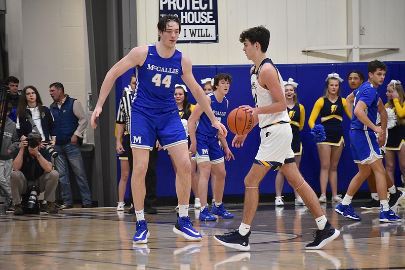 Staff photo by Patrick MacCoon / McCallie 7-foot-1 center David Craig (44) continued his dominance on the defensive end for the Blue Tornado in Friday's region win at Chattanooga Christian.