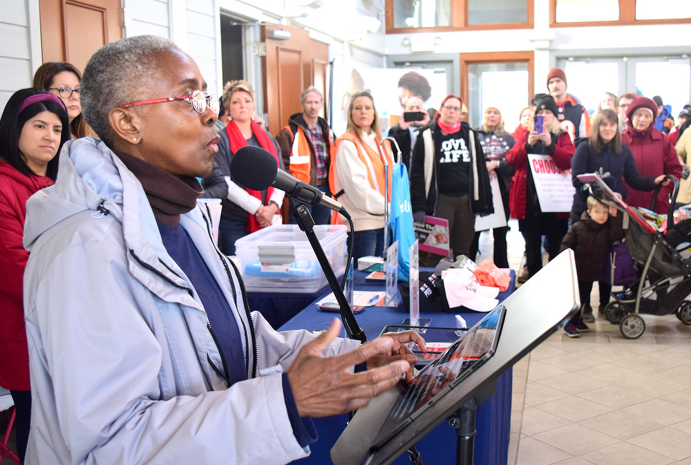 Staff Photo by Robin Rudd / Regina Block addresses participants before Saturday's March for Life in Chattanooga.