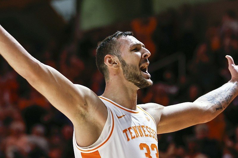 AP photo by Wade Payne / Tennessee forward Uros Plavsic celebrates with fans during the second half of the Vols' SEC win against LSU on Saturday night in Knoxville.