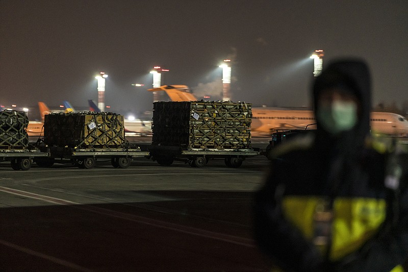 A shipment of military aid from the United States is transported at Boryspil International Airport in Boryspil, Ukraine, Tuesday, Jan. 25, 2022. Leaders of Western nations continued to press for a diplomatic solution on Tuesday as the crisis over Ukraine escalated, with thousands of American soldiers now on “high alert” for possible deployment to Eastern Europe and NATO dispatching additional ships and fighter jets to the region to reassure anxious allies fearful of Russian aggression. (Brendan Hoffman/The New York Times)