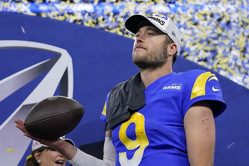 Los Angeles Rams' Matthew Stafford celebrates after the NFC Championship NFL football game against the San Francisco 49ers Sunday, Jan. 30, 2022, in Inglewood, Calif. The Rams won 20-17 to advance to the Super Bowl. (AP Photo/Marcio Jose Sanchez)