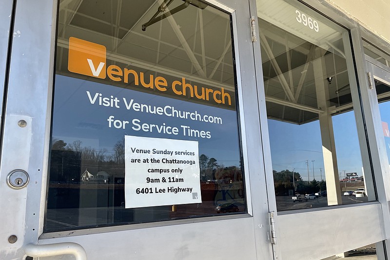 Staff photo by Wyatt Massey / The now-closed entrance to the North Georgia campus of Venue Church is pictured on Feb. 1, 2022. The Chattanooga megachurch operated the campus in the Gateway Business Center off Cloud Springs Road in Ringgold until January 2022.