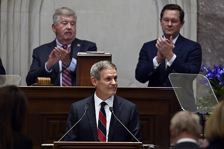 AP file photo by Mark Zaleski / Legislators applaud Tennessee Gov. Bill Lee as he talks about "informed patriotism" and history classes on Monday in Nashville.