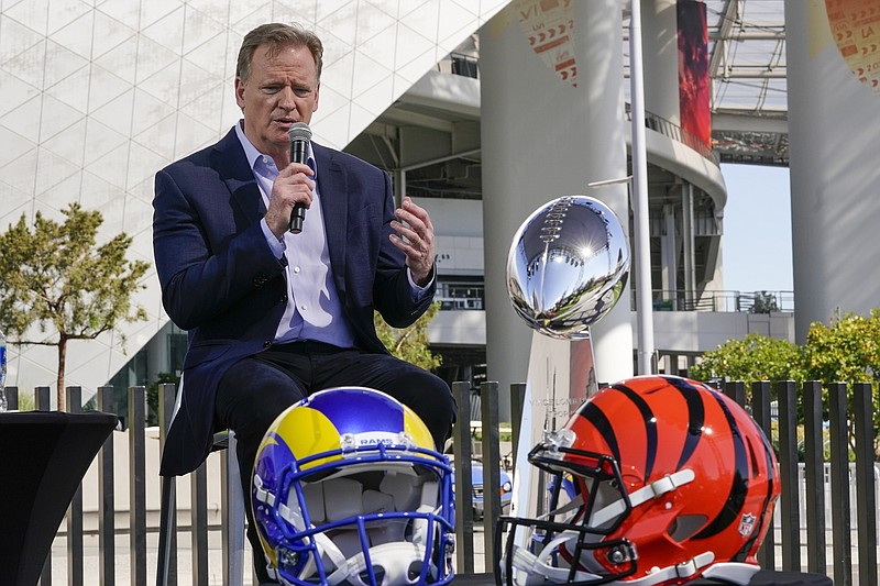 AP photo by Morry Gash / NFL commissioner Roger Goodell speaks Wednesday in Inglewood, Calif. During his annual Super Bowl news conference, Goodell dealt with questions on several issues that have left the league in a bad light recently.