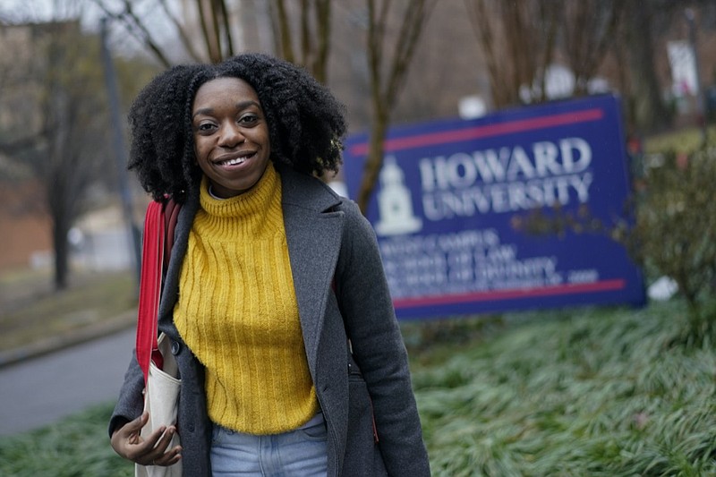 Howard University School of Law student Jasmine Marchbanks-Owens is photographed at the Howard University School of Law campus, Thursday, Feb. 3, 2022. For Marchbanks-Owens and other Black women, President Joe Biden's pledge to nominate a Black woman to the Supreme Court is a source of inspiration that will bring needed balance and perspective to the high court. (AP Photo/Carolyn Kaster)