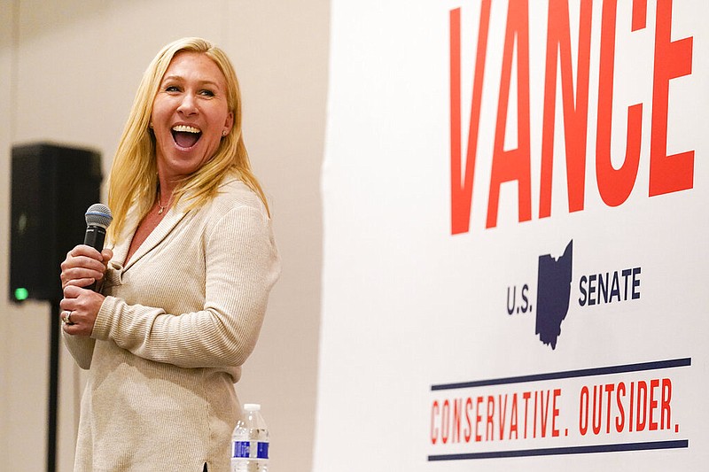 Congresswoman Marjorie Taylor Greene speaks at a rally for Ohio senatorial candidate JD Vance in Mason, Ohio, Sunday, Jan. 30, 2022. (AP Photo/Jeff Dean)