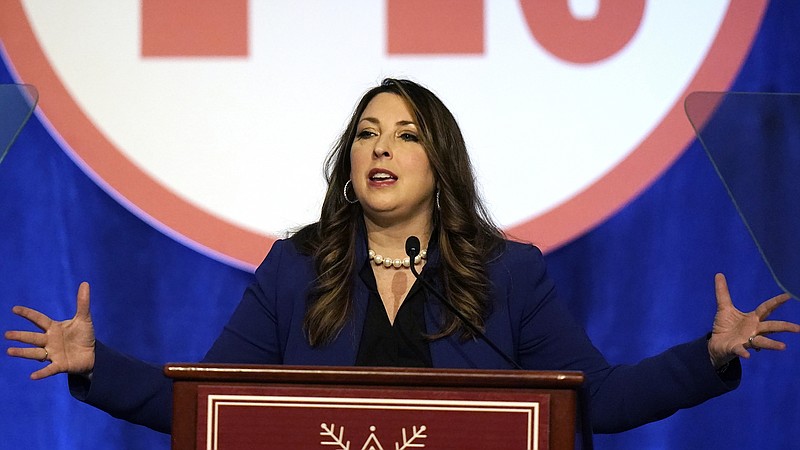 Photo by Rick Bowmer of The Associated Press / Ronna McDaniel, the GOP chairwoman, speaks during the Republican National Committee winter meeting on Feb. 4, 2022, in Salt Lake City. Republican Party officials voted to punish GOP Reps. Liz Cheney and Adam Kinzinger for their roles on the House committee investigating the Jan. 6 insurrection.
