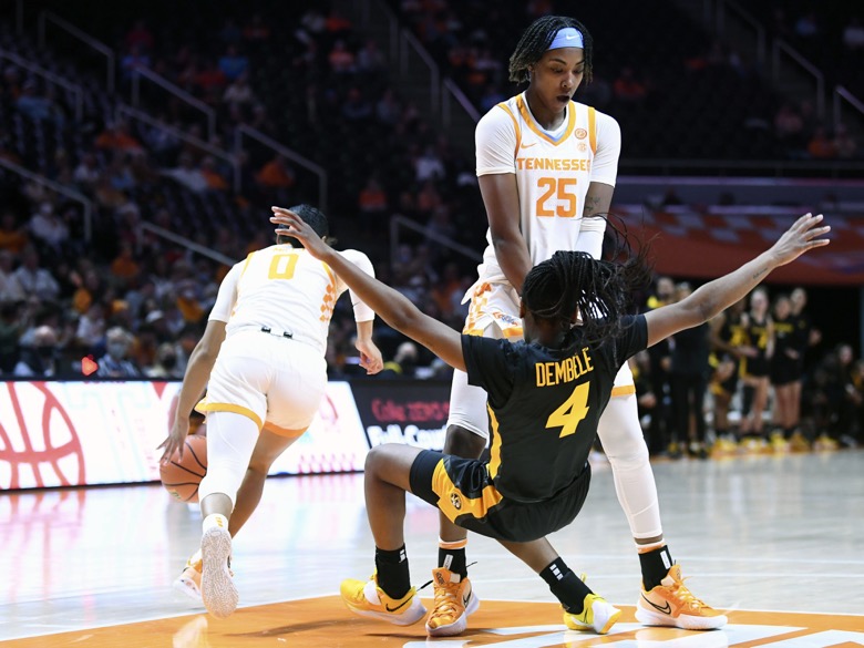 Tennessee guard Jordan Horston's (25) screen stops Missouri guard Mama Dembele (4) during the NCAA women's basketball game between the Tennessee Lady Vols and Missouri Tigers in Knoxville, Tenn. on Thursday, February 10, 2022. Mandatory Credit: Saul Young/ Knoxville News Sentinel via USA TODAY NETWORK