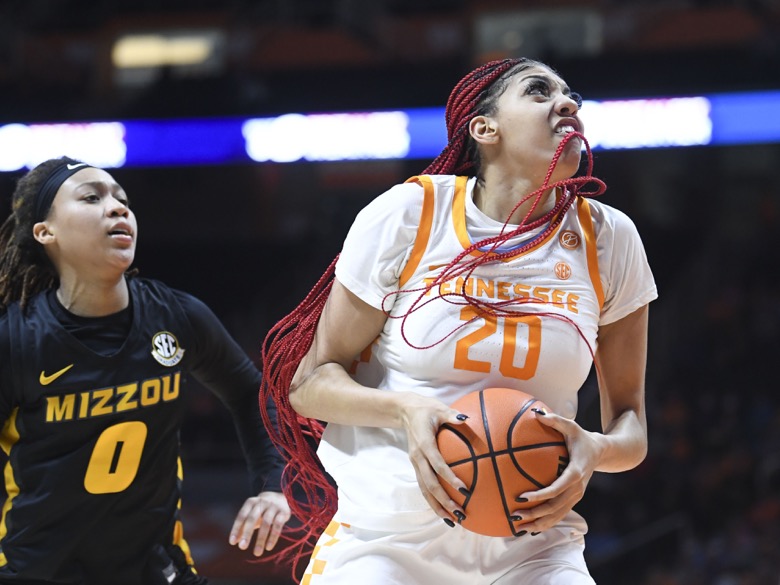 Tennessee center Tamari Key (20) looks to the basket during an NCAA college basketball game, Thursday, Feb. 10, 2022 in Knoxville, Tenn.(Saul Young/Knoxville News Sentinel via AP)