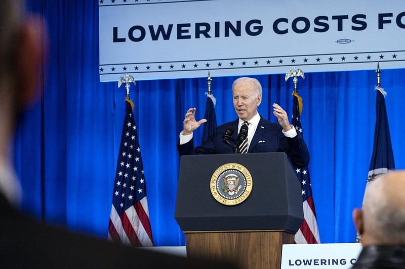 FILE - President Joe Biden speaks at the Daniel Technology Center of Germanna Community College - Culpeper Campus, Feb. 10, 2022, in Culpeper, Va. Biden came into office with a plan to fix inflation - just not the particular inflationary problem that the country now faces. His belief is that a cluster of companies control too many industries, which reduces competition for both customers and workers. That leads to higher prices and lower wages at what the White House says is an average cost of $5,000 annually for U.S. families. (AP Photo/Alex Brandon, File)