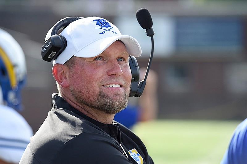 FILE - Staff Photo by Matt Hamilton / Boyd Buchanan coach Jeremy Bosken looks up at the scoreboard on Friday. Eight local football teams squared off in eight different 20-minute games Friday, August 13, 2021 at Finley Stadium. 