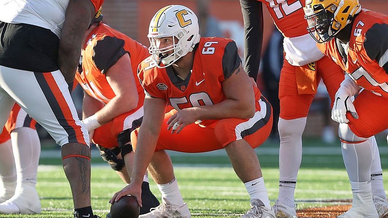 UTC photo by Michael Wade / Cole Strange made nine starts at left guard and two starts at left tackle this past season for the University of Tennessee at Chattanooga, but he spent most of Senior Bowl week working at center.