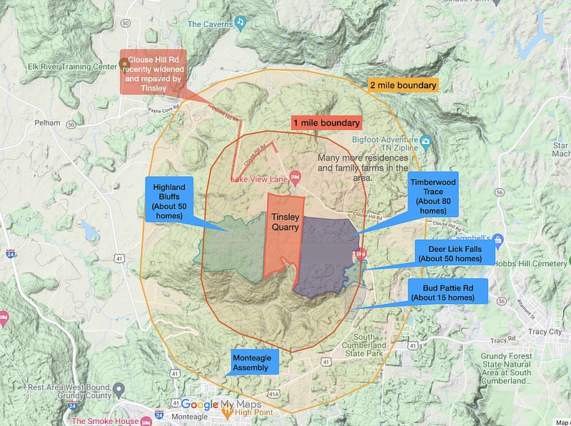 Contributed map by Grundy County, Tennessee, resident Jeff Stewart / This map shows the Clause Hill Sand Quarry, owned by Tinsley Sand and Gravel LLC, and its approximate proximity to nearby residential areas that lie within 5,000 feet of the operation, a distance county officials and others say violates a county powers act passed in 2019.