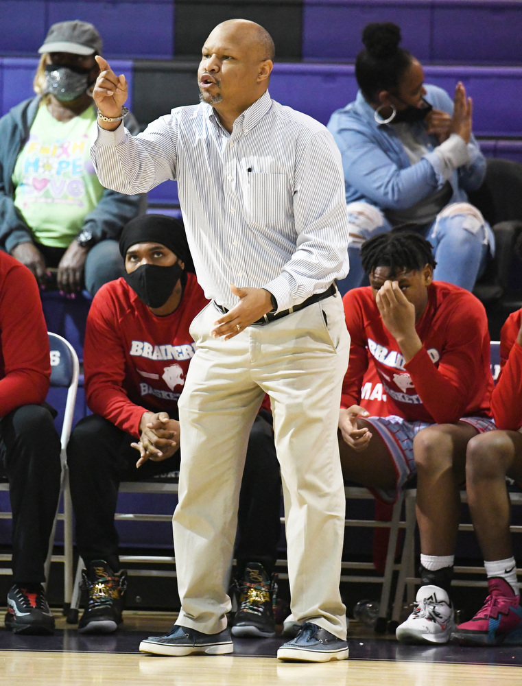 Staff Photo by Robin Rudd / Brainerd head coach Levar Brown directs the Panthers. The Tyner Rams met the Brainerd Panthers in the District 4-AA tournament championship, at Marion County High School in Jasper, on February 22, 2022.