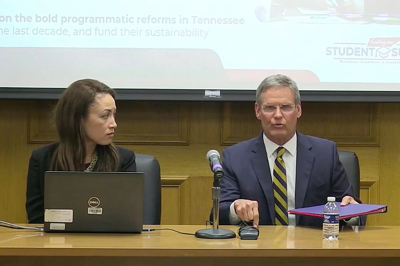 Gov. Bill Lee answers questions about his proposal to rewrite Tennessee's education funding formula during a news conference with Education Commissioner Penny Schwinn on Feb. 24, 2022. / Screenshot courtesy of state of Tennessee