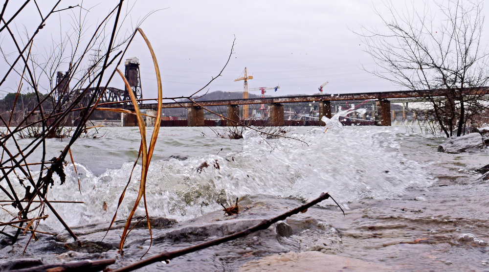 Staff Photo by Robin Rudd / Waves from the swollen Tennessee River beat against rocks below the Chickamauga Dam on Feb. 25, 2022. The weather for Severe Weather Awareness Week has been an almost total washout as consecutive storm systems dumped rain on the Chattanooga region over the last several days. During the 48 hours from Feb. 21-23, Hamilton County got between 3.15 and 4.36 inches of rain.