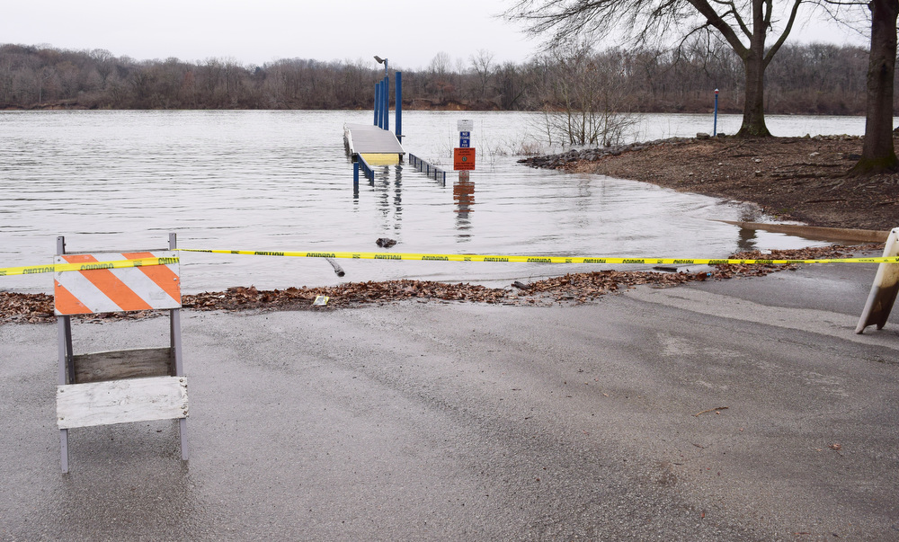 Staff Photo by Robin Rudd / Because of high water, the boat ramp in the Tennessee Riverpark is closed. The weather for Severe Weather Awareness Week has been an almost total washout as consecutive storm systems dumped rain on the Chattanooga region over the last several days. During the 48 hours from Feb. 21-23, Hamilton County got between 3.15 and 4.36 inches of rain.
