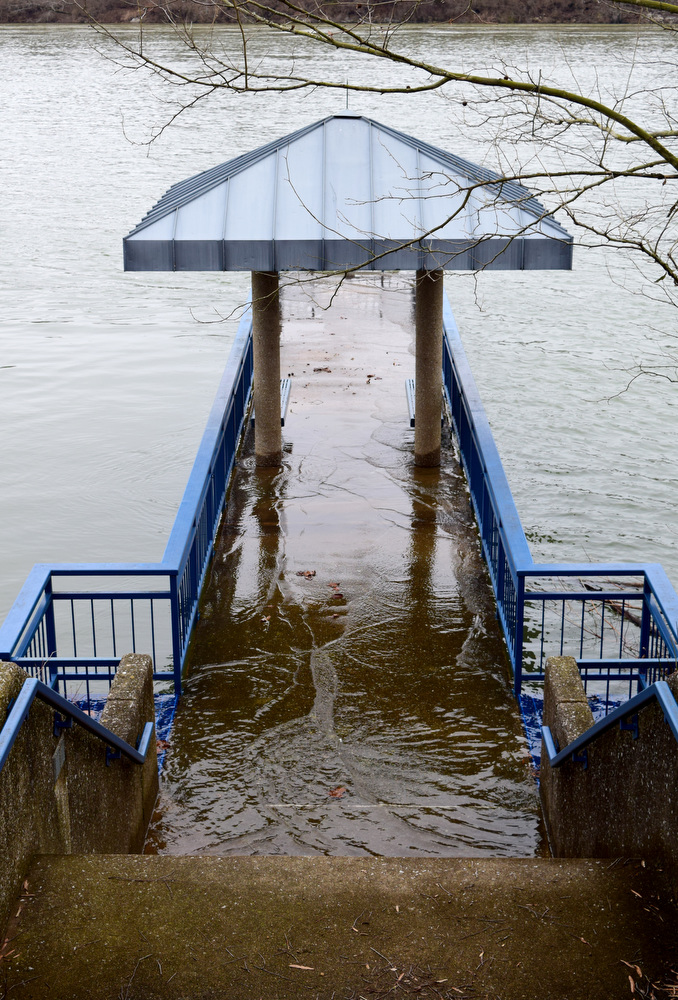 Staff Photo by Robin Rudd / The rising water of the Tennessee River covers the surface of the Caldwell Pier in the Tennessee Riverwalk. The weather for Severe Weather Awareness Week has been an almost total washout as consecutive storm systems dumped rain on the Chattanooga region over the last several days. During the 48 hours from Feb. 21-23, Hamilton County got between 3.15 and 4.36 inches of rain.