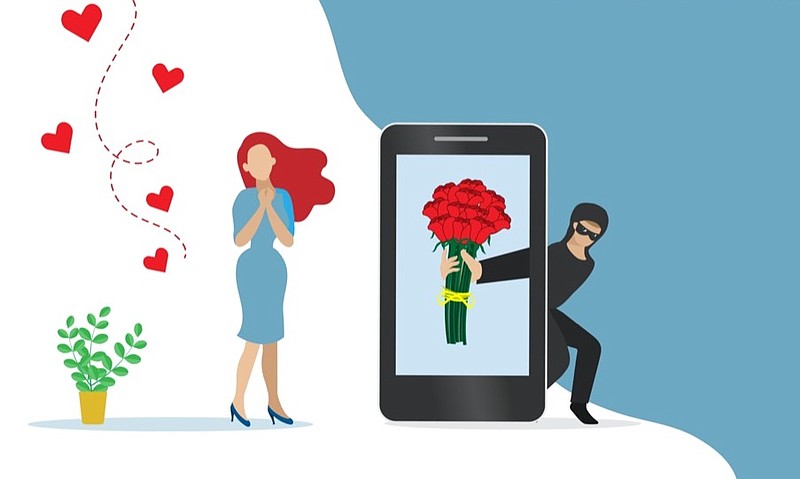 Romance scam, dating scam, cyber crime, hacking, phishing and financial security concept. Hacker,scammer online chatting with woman and sending rose flowers on smartphone - stock vector scam tile / Getty Images
