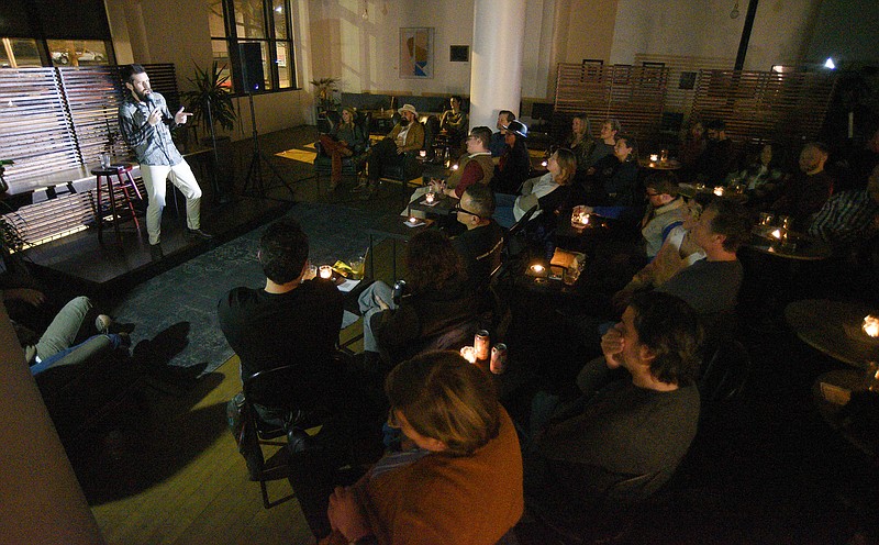 Staff Photo by Matt Hamilton / Comedian Dan Pulzello performs during the Carpetbagger's Comedy Night at the Bode hotel in Chattanooga on Friday, Jan. 21, 2022.