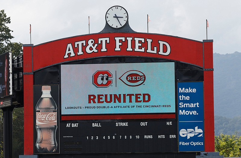 Staff photo by Doug Strickland / The video board displays a message during a news conference announcing the renewed partnership between the Chattanooga Lookouts and the Cincinnati Reds held at AT&T Stadium on Tuesday, Sept. 25, 2018, in Chattanooga.