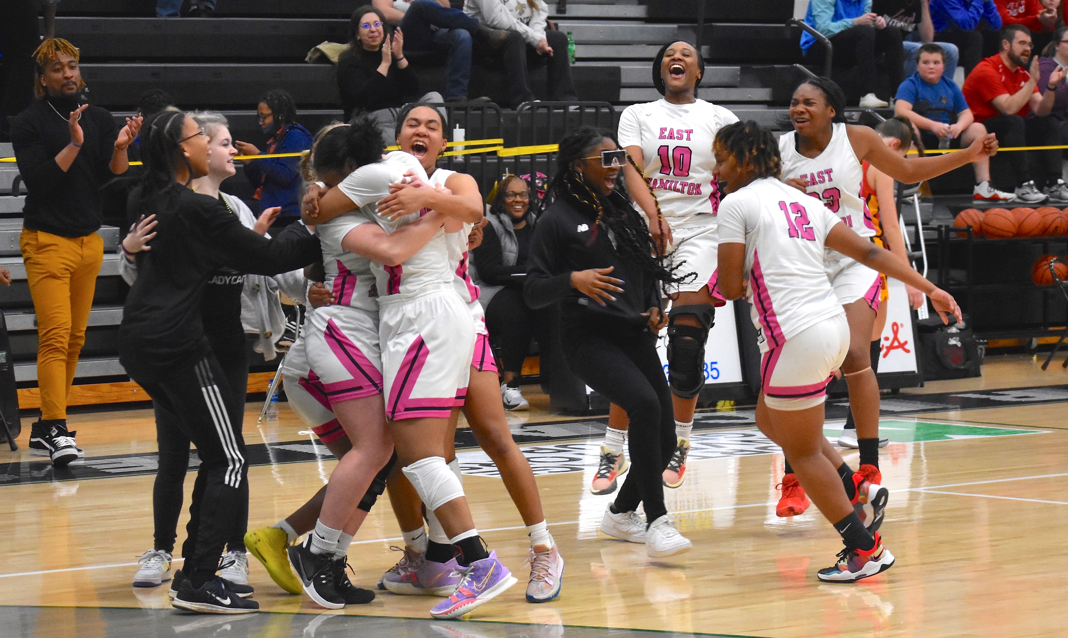 Staff photo by Patrick MacCoon / East Hamilton celebrates their last minute Region 3-AAA semifinals victory over Sequoyah at home on Monday night. The Lady Hurricanes will host Fulton for the region title on Wednesday at 7.