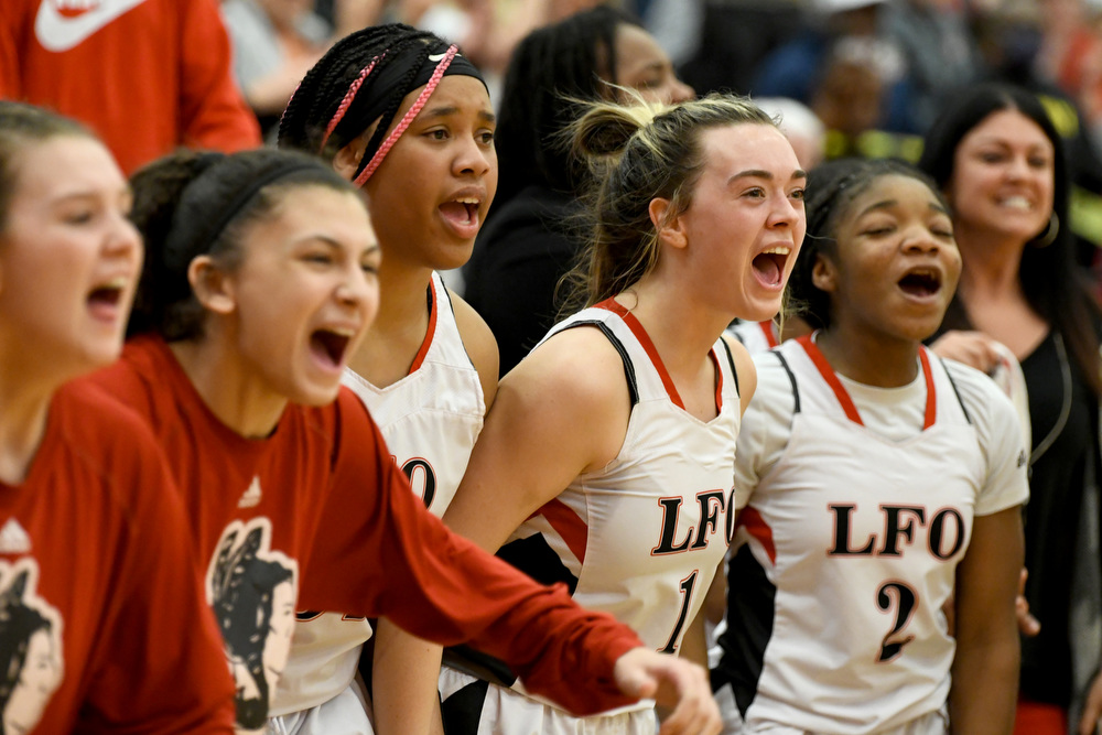 Staff Photo by Robin Rudd / The Lakeview bench cheers after a big score late in the game. The Lakeview Fort Oglethorpe Lady Warriors fell to the Greater Atlanta Christian School Lady Spartans, 67 to 60, in the quarterfinals of the GHSA state tournament on March 1, 2022.