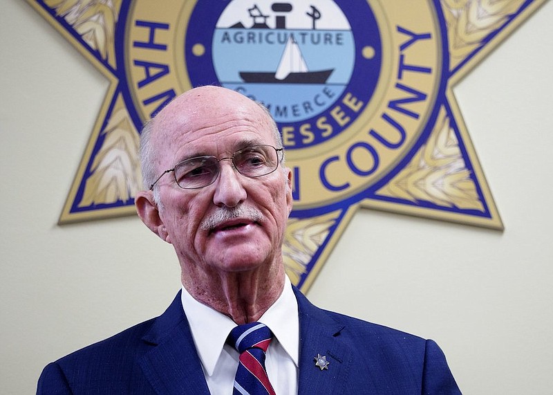 Staff photo by C.B. Schmelter / Hamilton County Sheriff Jim Hammond answers questions during a news conference at the Hamilton County Sheriff's Office in the Hamilton County-Chattanooga Courts Building on Monday, March 8, 2021, in Chattanooga, Tenn.