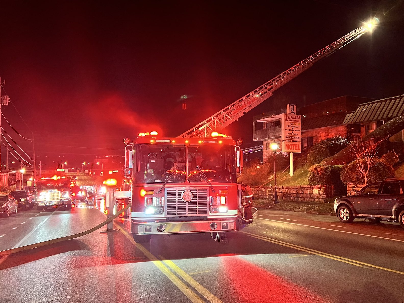 Firefighters work to extinguish a fire at the vacant Lamar's Restaurant and Motel in the 1800 block of E. M.L. King Boulevard late Friday night, February 25, 2022. / Photo courtesy of the Chattanooga Fire Department