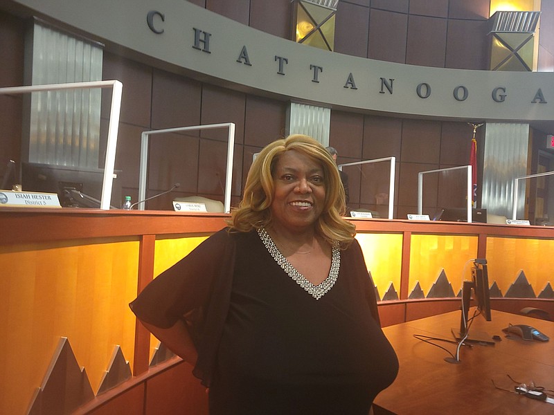 Staff Photo by Logan Hullinger / Marvene Noel, of Orchard Knob, has been appointed to the District 8 seat on the Chattanooga City Council. She is seen here after the vote on March 8, 2022.