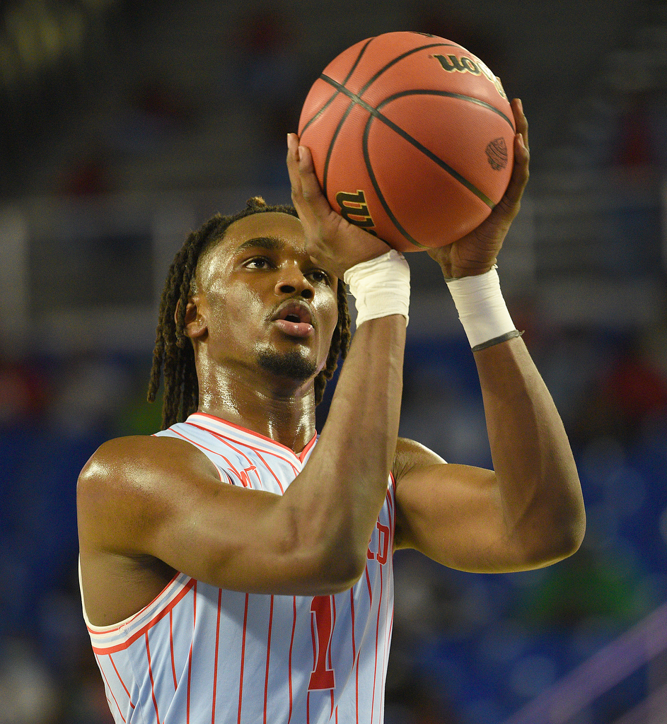 Staff Photo by Matt Hamilton / Brainerd (1) Donivon Thomas shoots a free throw on Tuesday, March 15, 2022 in Murfreesboro during the opening round of the class 2A boys state basketball tournament at Murphy Center on the campus of Middle Tennessee State University.