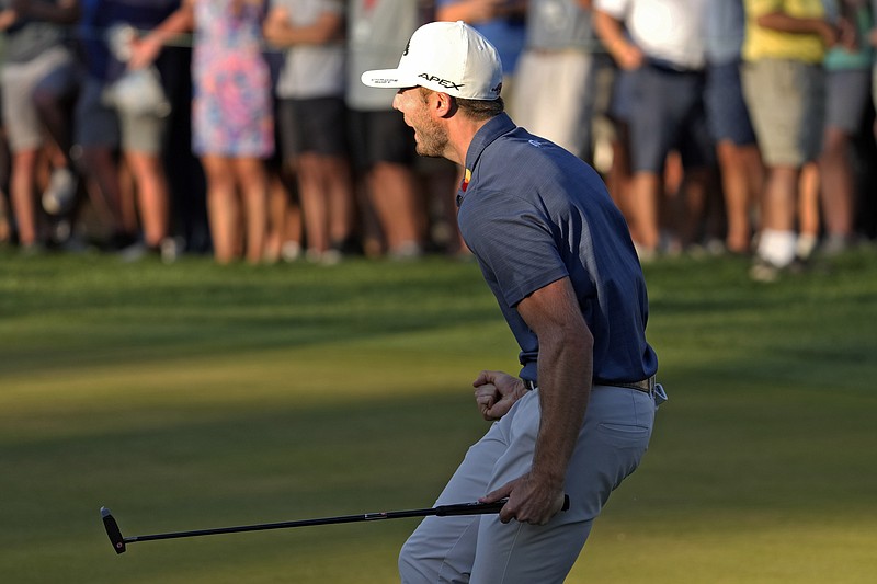 AP photo by Chris O'Meara / Sam Burns reacts after making a birdie putt on the second playoff hole to win the PGA Tour's Valspar Championship on Sunday at Innisbrook Resort in Palm Harbor, Fla.