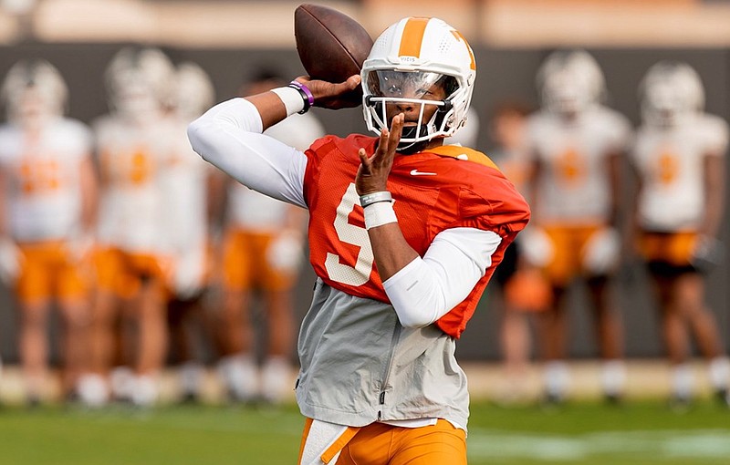Tennessee Athletics photo / Tennessee quarterback Hendon Hooker throws during Tuesday's first of 15 spring football workouts in Knoxville.
