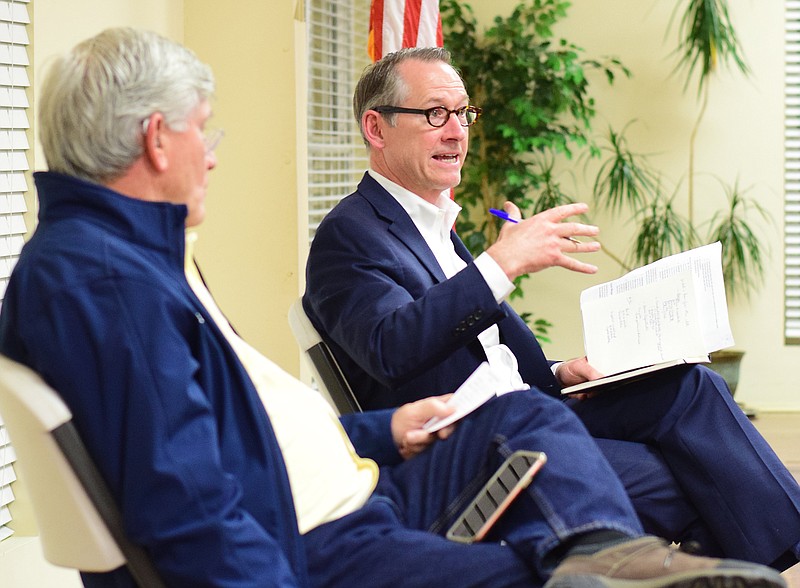 Staff Photo by Robin Rudd / State Sen. Bo Watson, right, comments on issues raised during a town hall meeting at the Red Bank Community Center on Jan. 13, 2022.