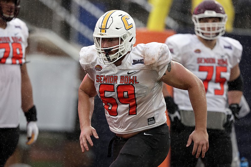 AP photo by Butch Dill / Former UTC offensive lineman Cole Strange takes part in a Senior Bowl practice on Feb. 2 in Mobile, Ala.
