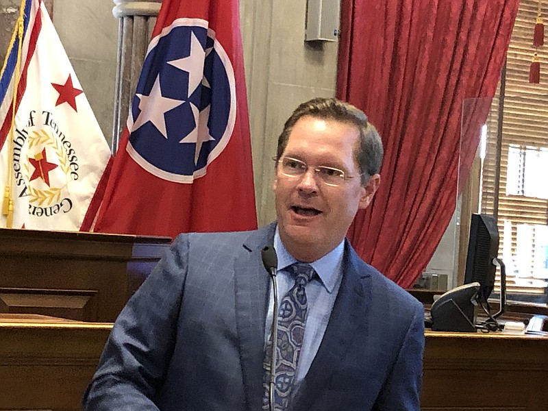 Tennessee House Speaker Cameron Sexton addresses attendees during a ceremony for newly-sworn in Rep. Greg Vital, R-Georgetown, on Oct. 13, 2021. (Andy Sher/Times Free Press)