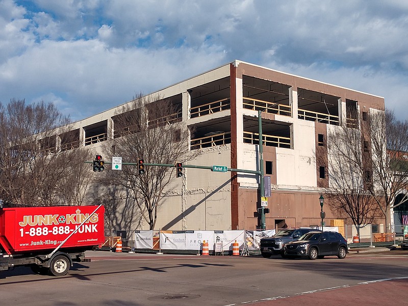 Staff photo by Mike Pare / The John Ross Building in downtown Chattanooga, seen here on Thursday, March 24, 2022, is undergoing a large-scale renovation to become the new headquarters for logistics company Steam Logistics.