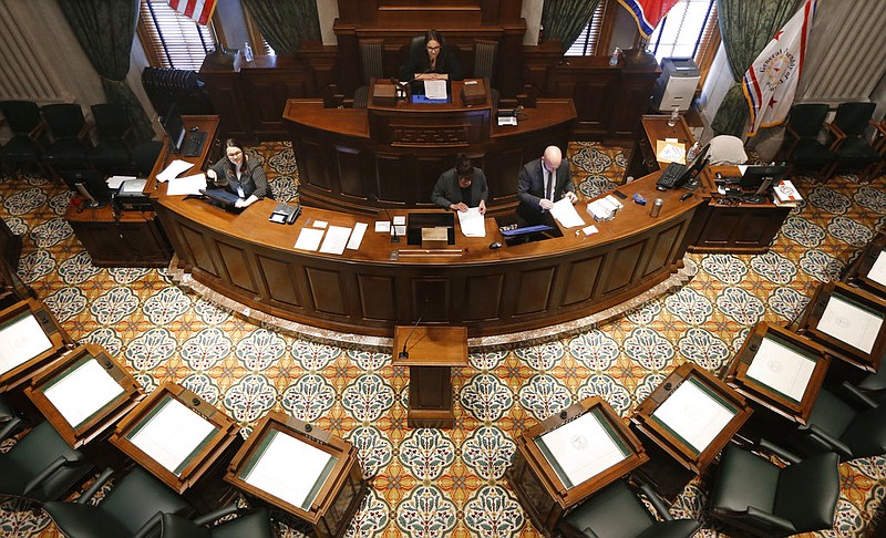Legislative workers practice parliamentary procedure in the Senate chamber, Monday, Jan. 7, 2019, in Nashville, Tenn. (AP Photo/Mark Humphrey)