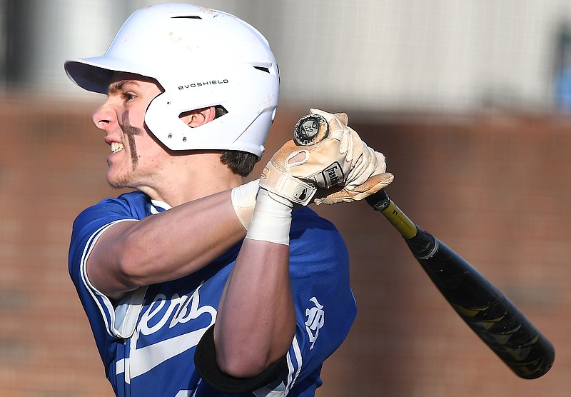 Staff photo by Robin Rudd / Ringgold's Connor Christopher follows through on a base hit during a home win against LaFayette on Thursday in GHSA Region 6-AAA baseball.