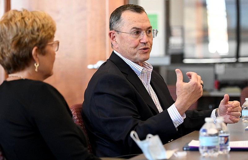 Staff Photo by Robin Rudd / Vicky Gregg and Jim Coleman, of the Erlanger Hospital Board visited the Times Free Press for an Editorial Board interview on February 18, 2022.