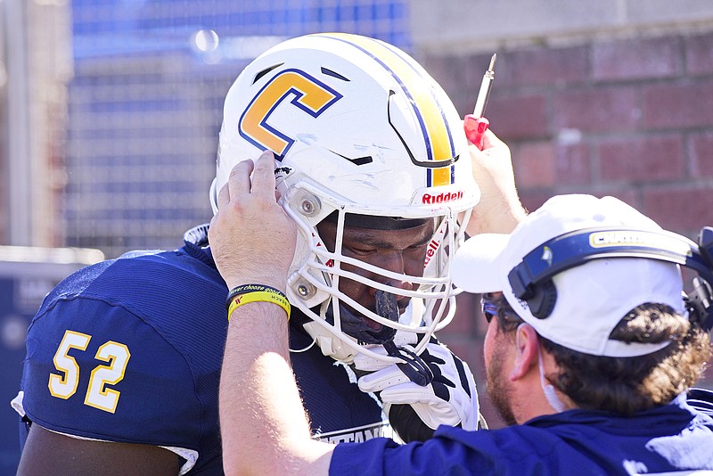 Staff file photo by Robin Rudd / Curtis McClendon (52) is a three-year starter on UTC's offensive line, but the Mocs lost four seniors who started games for that position group in 2021 and will use this spring's practices to see who is ready to step up this year.