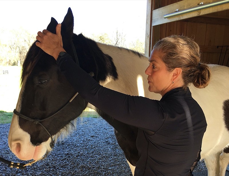 Photo by Brandi Dixon/ Stephanie Wilkins of Flintstone, Ga., performs a Masterson Method technique called the bladder meridian on her trail horse, Ace