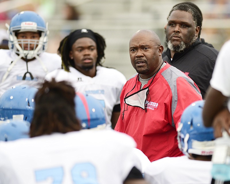 Staff Photo by Robin Rudd / Brainerd head coach Stanley Jackson exhorts his team.  Boyd-Buchanan hosted a four way scrimmage between them, Brainerd, Bledsoe County and Sale Creek on August 6, 2021.  