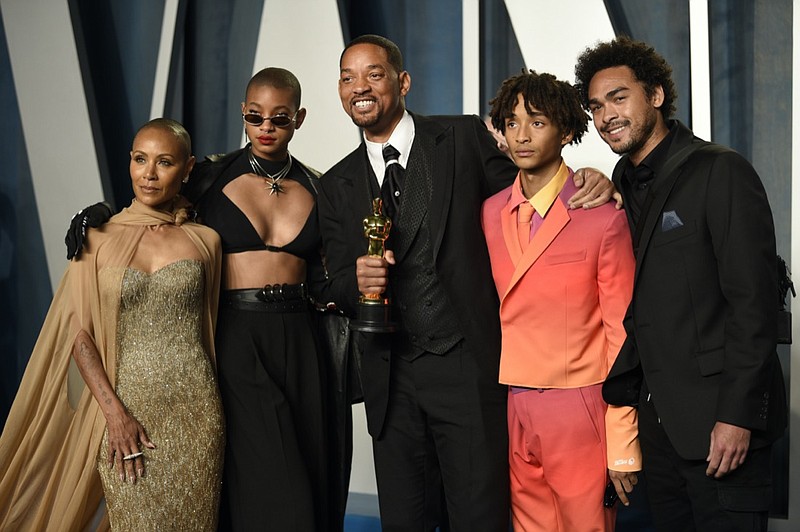 Jada Pinkett Smith, from left, Willow Smith, Will Smith, Jaden Smith and Trey Smith arrive at the Vanity Fair Oscar Party on Sunday, March 27, 2022, at the Wallis Annenberg Center for the Performing Arts in Beverly Hills, Calif. (Photo by Evan Agostini/Invision/AP)