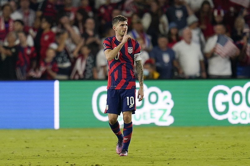 United States' Christian Pulisic reacts after scoring his third goal of the game during the second half of a FIFA World Cup qualifying soccer match against Panama, Sunday, March 27, 2022, in Orlando, Fla. (AP Photo/Julio Cortez)