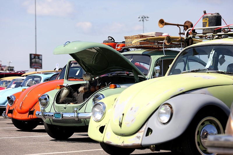 Staff photo / Volkswagen Beetles are lined up in a lot during the 2019 Bug-a-Paluza at Camp Jordan in East Ridge. The event returns to the venue Saturday and Sunday.