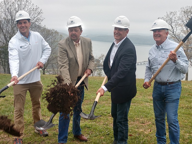 Staff photo by Mike Pare / Groundbreaking for the River Gorge Ranch residential development was held Wednesday. From left are Dane Bradshaw, president of Thunder Enterprises; Marion County Mayor David Jackson; Tennessee Gov. Bill Lee; and John Thornton, owner of Thunder Enterprises on April 6, 2022.